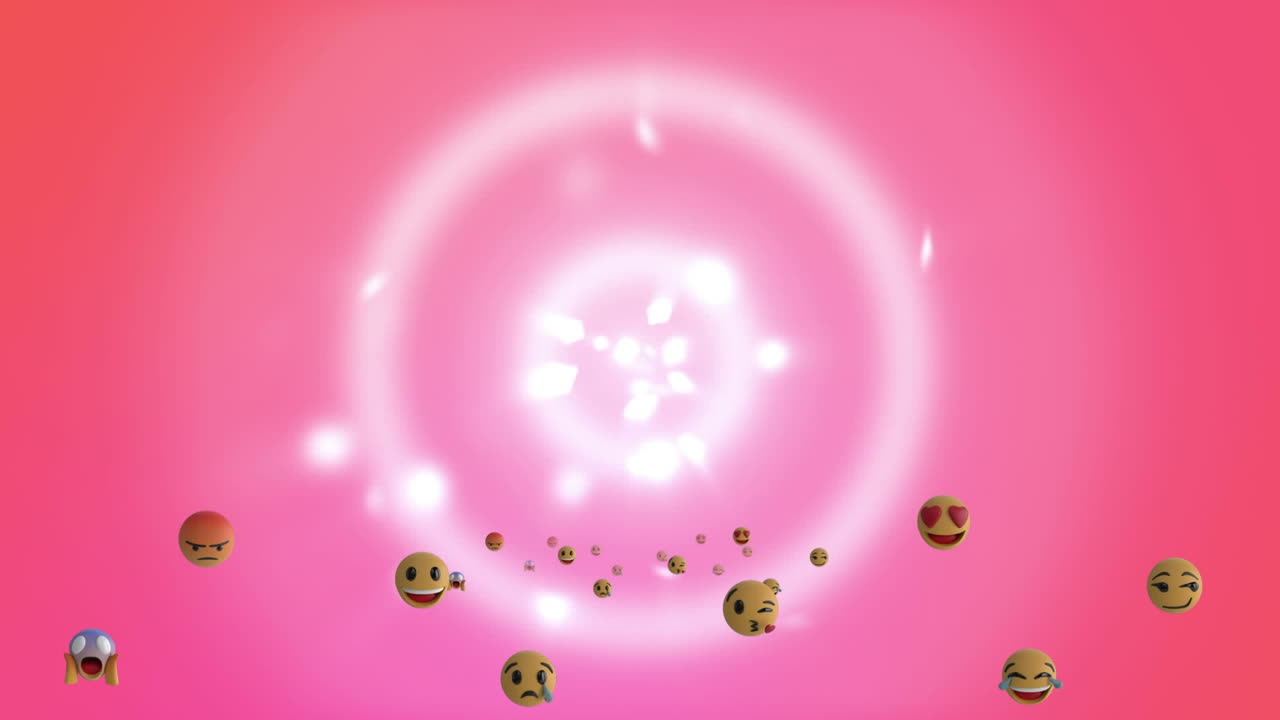 iconos de emoji volando sobre círculos giratorios