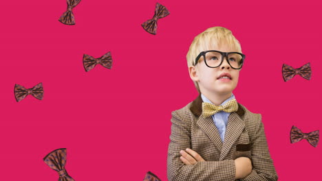 animation of happy caucasian boy over pink background with falling bow ties