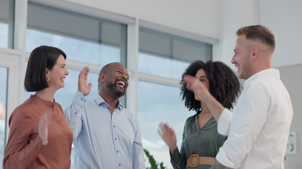 Business people, high five and celebration