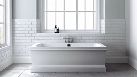 a modern white bathroom featuring a freestanding bathtub and subway tiles