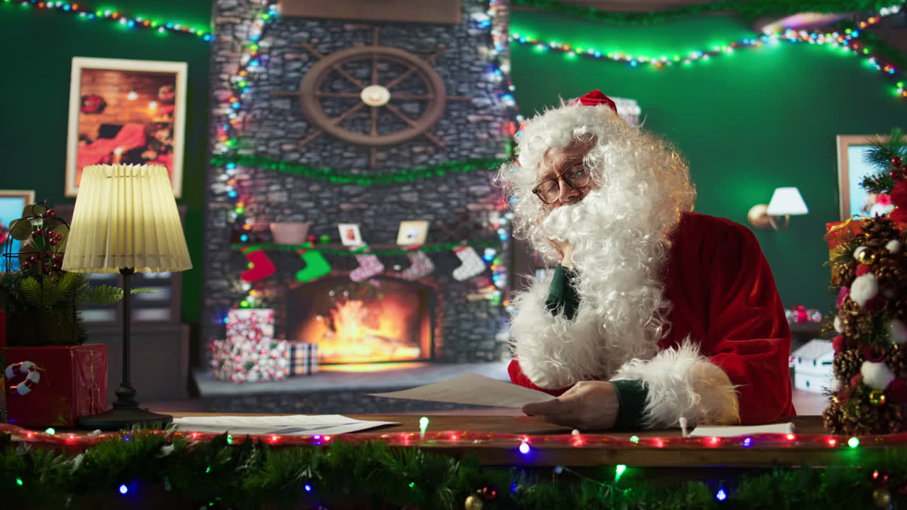 Santa Claus Reading Letters by the Fireplace on Christmas