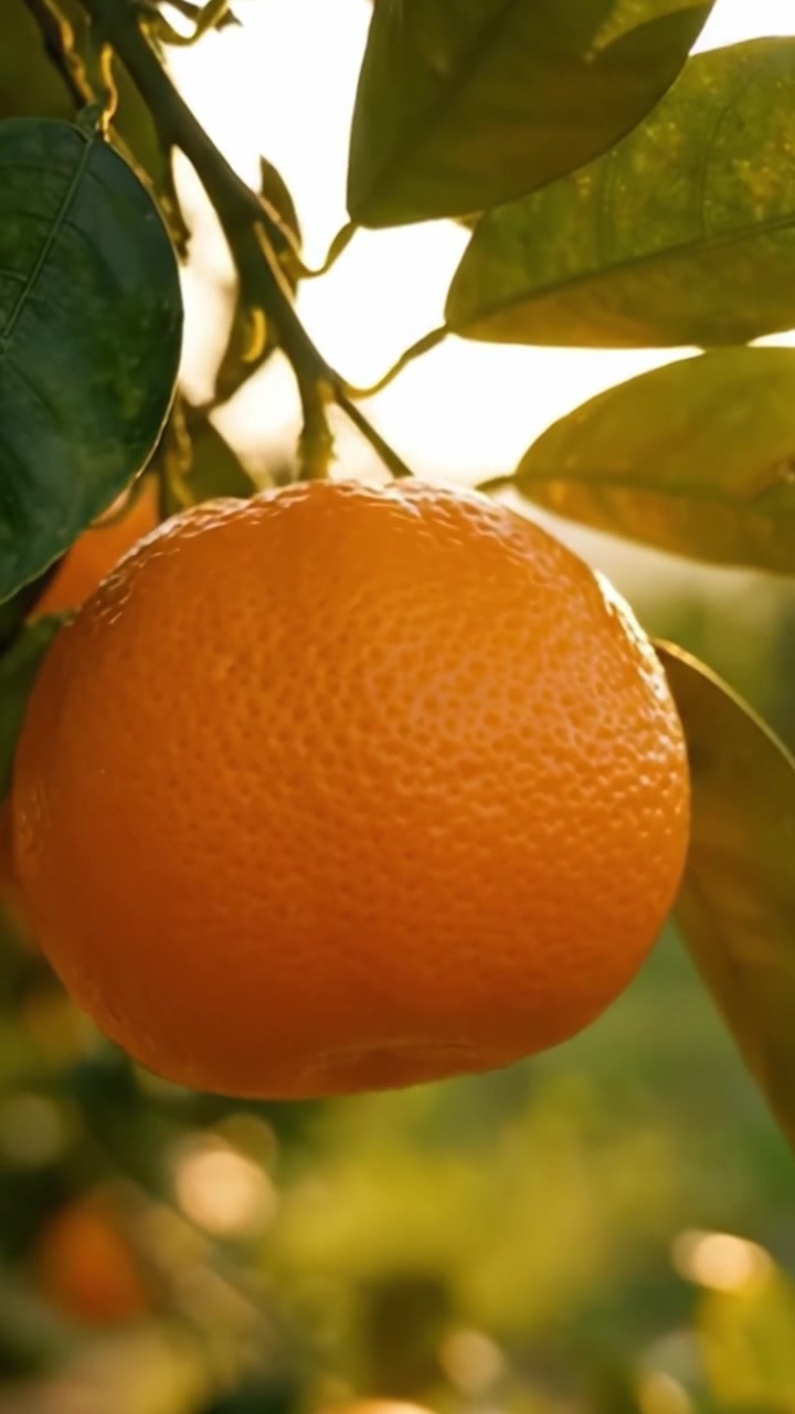 Frutti arancioni vivaci appesi a foglie verdi lussureggianti in un frutteto illuminato dal sole, catturando l'essenza dell'abbondanza della natura e del raccolto fresco di agrumi.