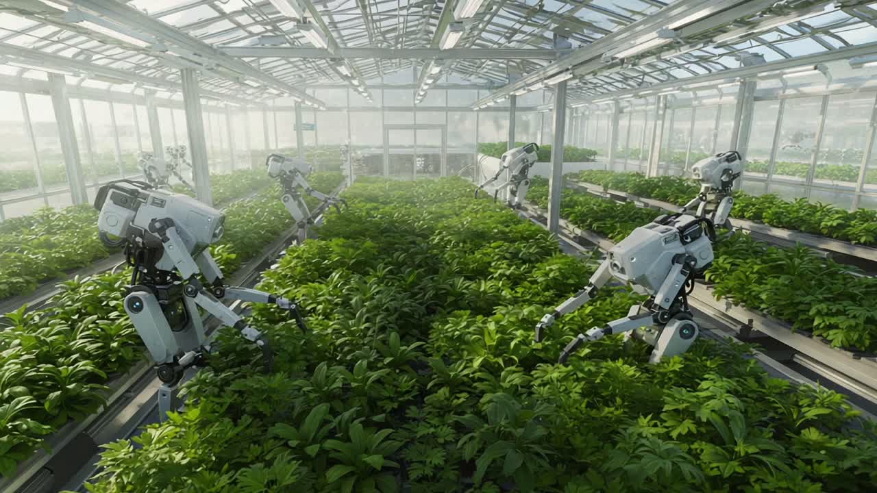 Futuristic Robotic Farming: Automated Systems Cultivating Lush Green Crops in a High-Tech Greenhouse Environment for Sustainable Agriculture