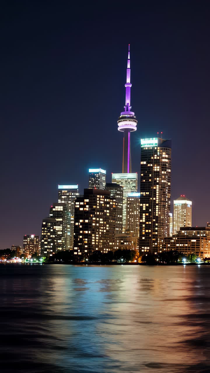Toronto City Skyline at Night with Illuminated CN Tower and Water Reflections