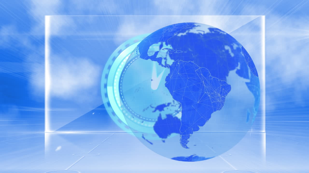 디지털 화면 위에서 빠르게 움직이는 지구와 시계의 애니메이션