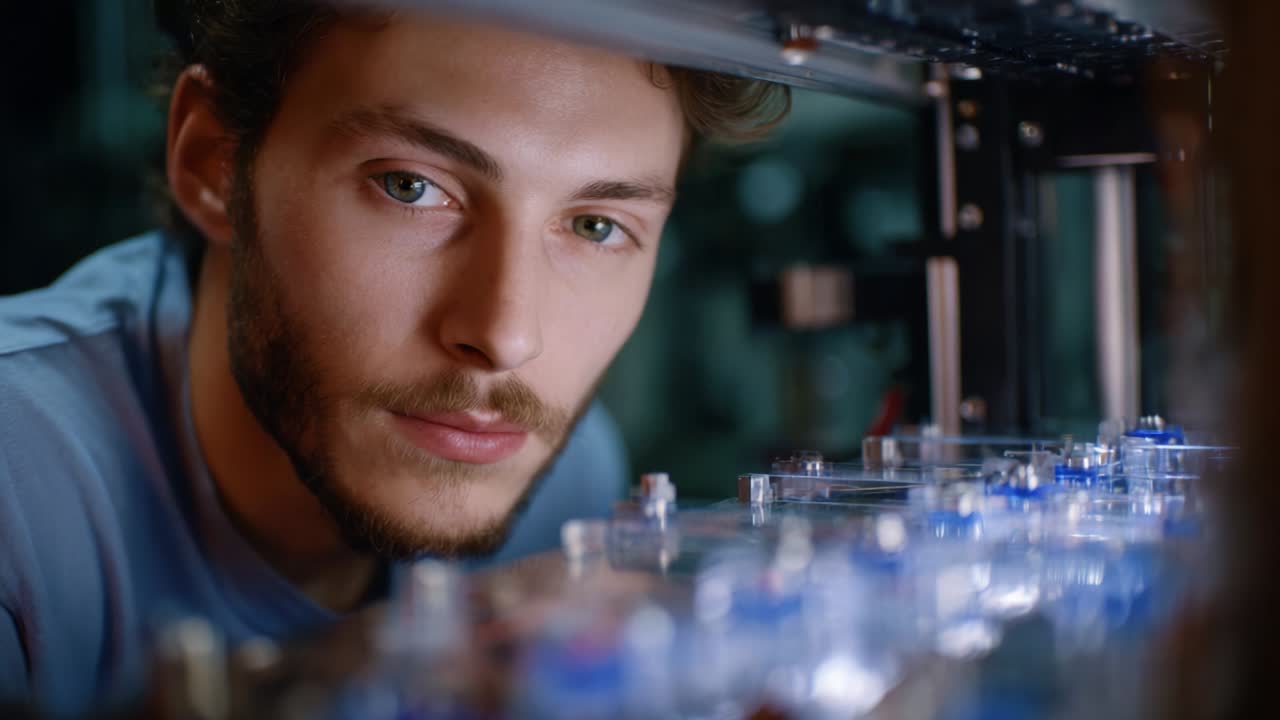 A focused young male researcher looks intently through a microscope or equipment, examining petri dishes in a laboratory setting, showcasing his dedication to scientific exploration and innovation