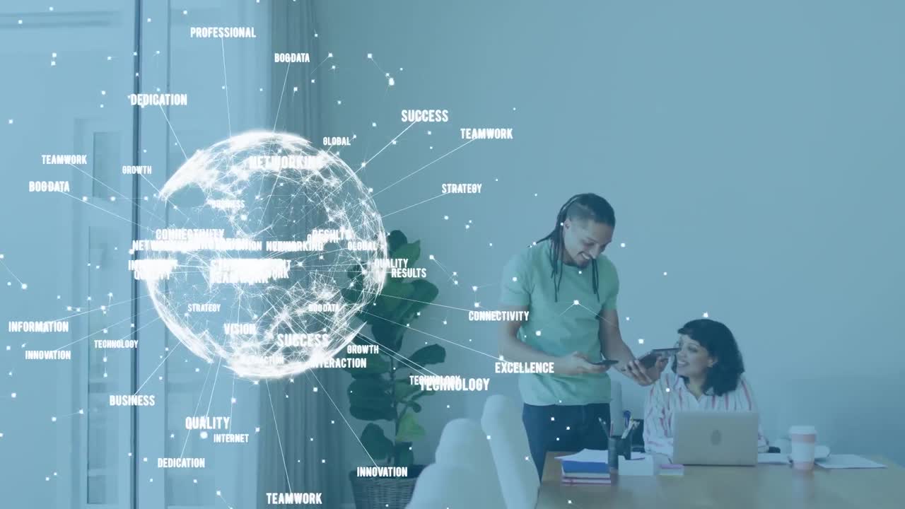 체어에 앉아 있는 양색 남성과 장애인 여성 위의 지구상의 애니메이션