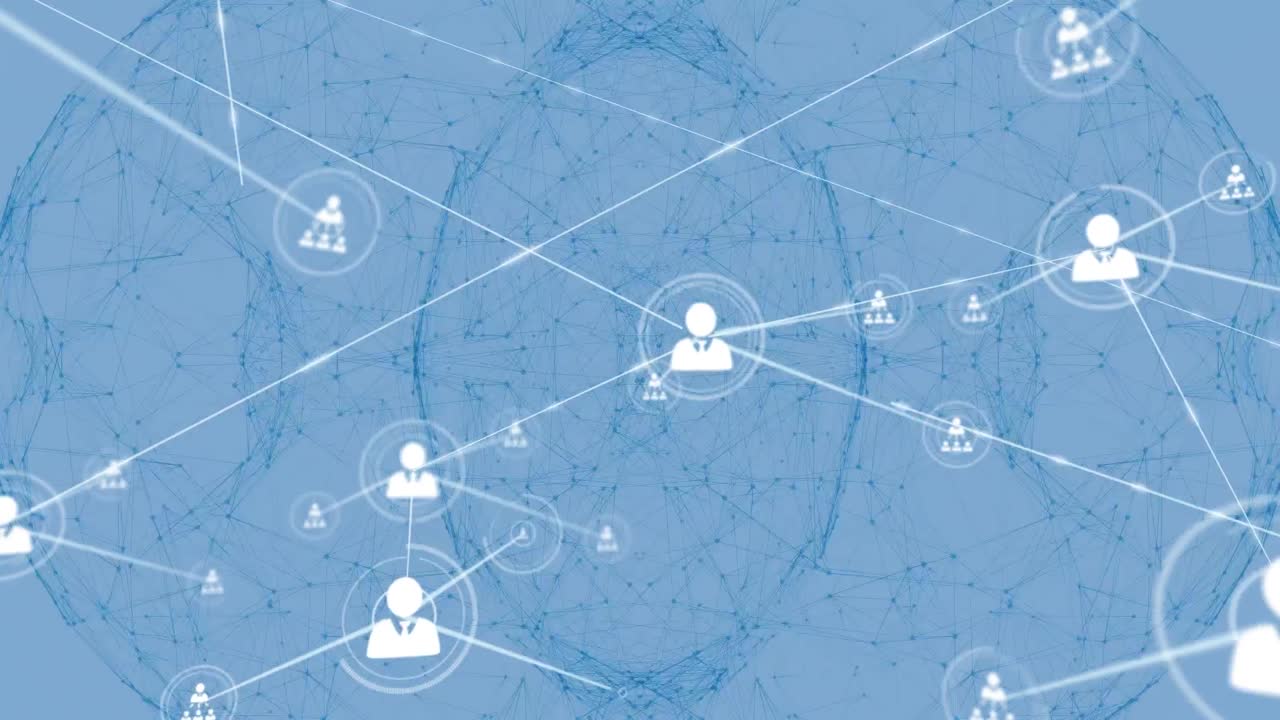 Animation of network of connections with icons over shapes on white background