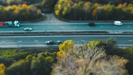 aerial view of cars driving on the busy road between the trees