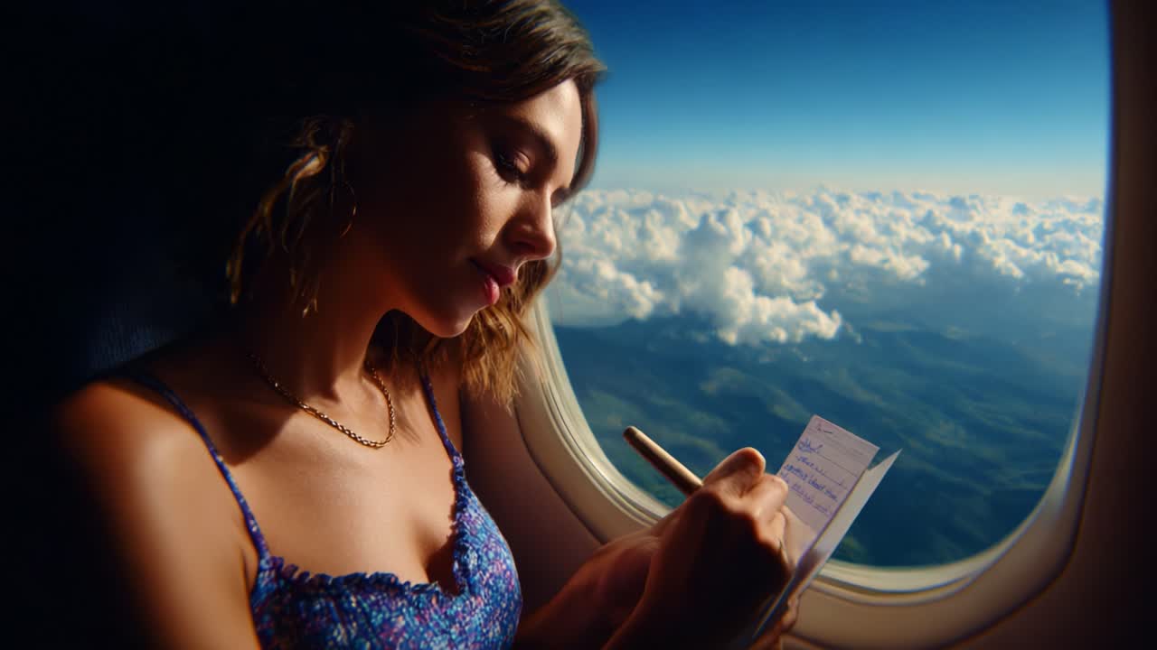 A Thoughtful Journey: Capturing Inspiration at High Altitude as a Young Woman Writes in a Notebook While Gazing Out of an Airplane Window Surrounded by Fluffy Clouds and a Clear Blue Sky
