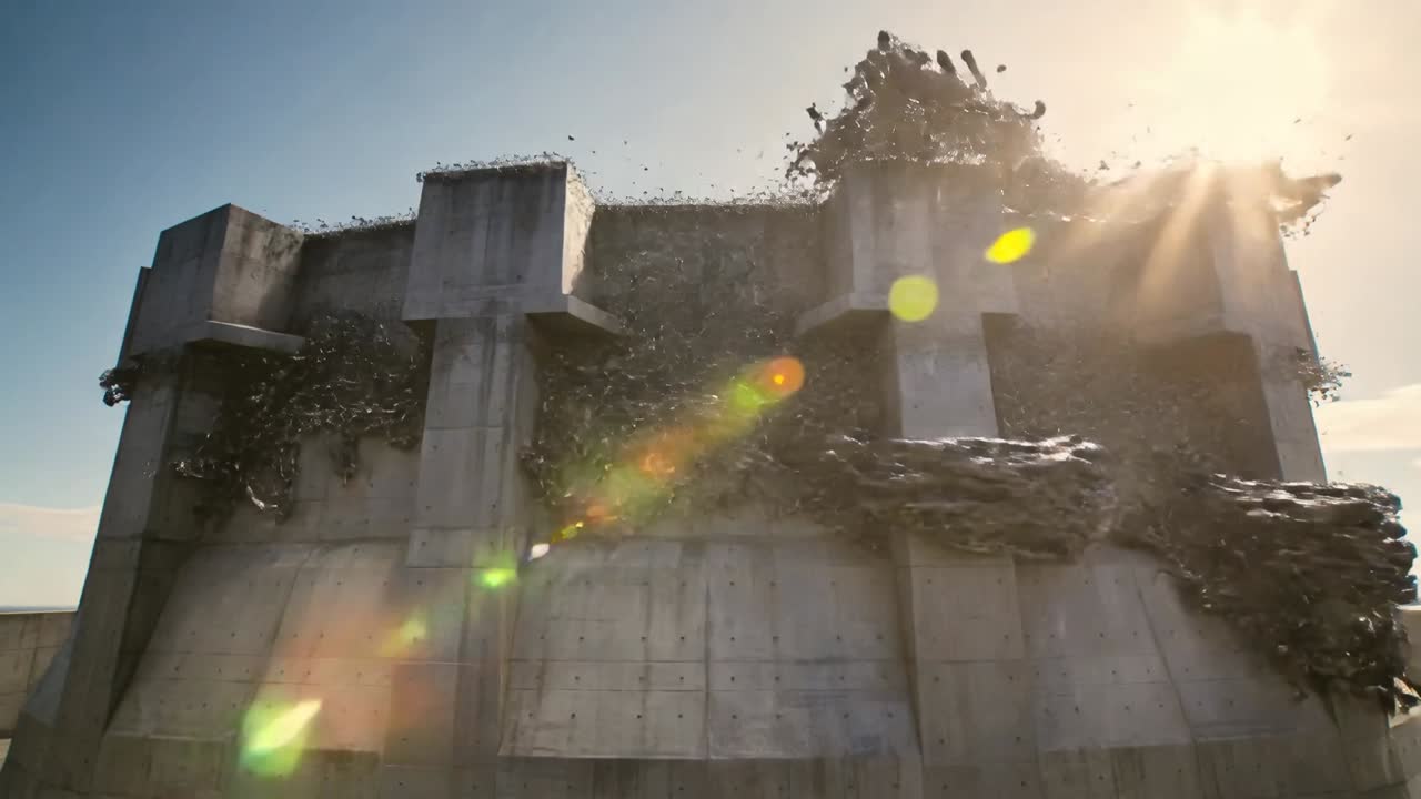 Fanghiglia scura che scende a cascata da una fortezza di cemento dal parapetto, producendo schizzi, con bagliore dell'obiettivo.