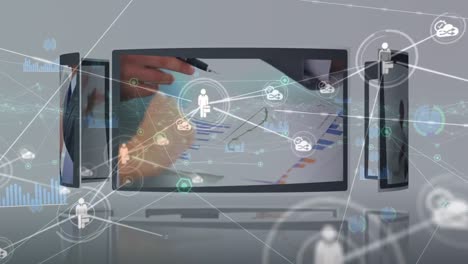 Animation-of-network-of-connections-over-diverse-business-people-on-computer-screen