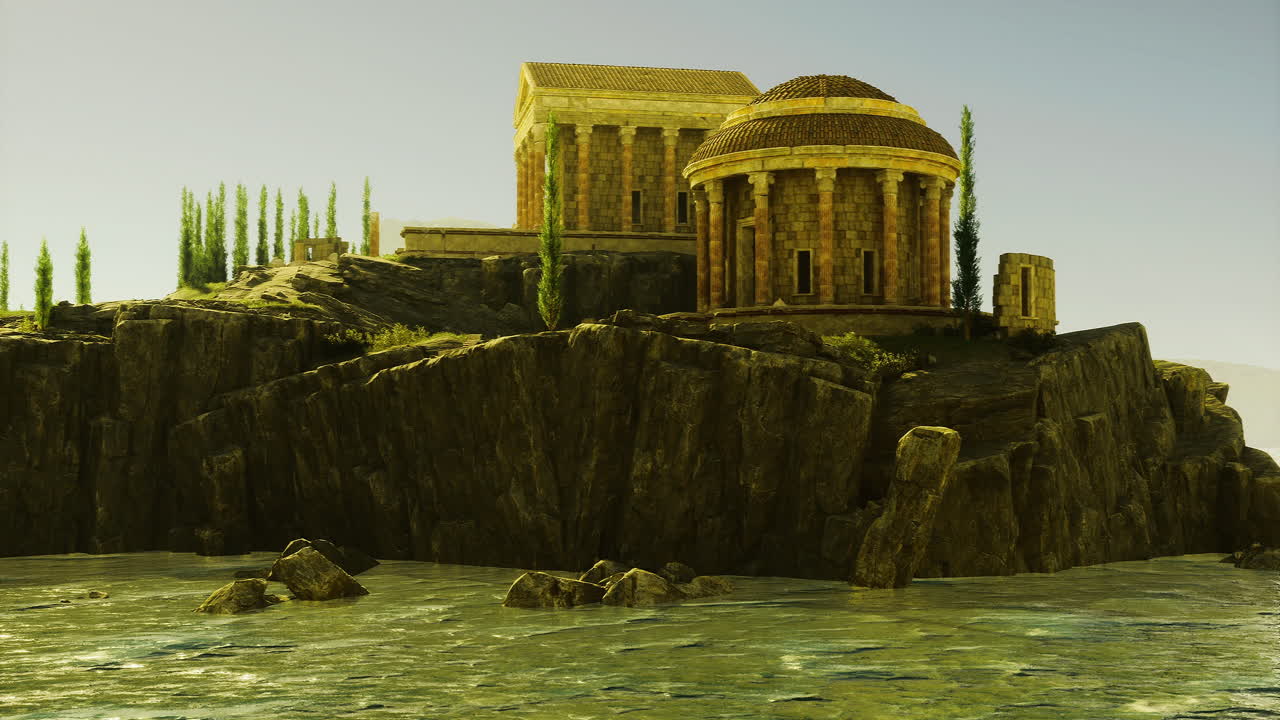 Ancient structure atop rocky coast overlooking calm waters at sunset