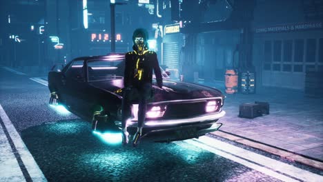 a girl is resting on the hood of her flying car in the middle of the night street of a neon cyber city. seamless looping animation for fiction, cyber and sci-fi backgrounds. view of an future city.