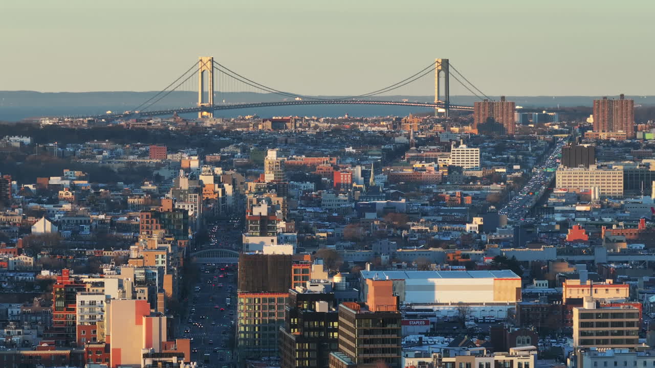 Aerial view of Brooklyn's Verrazzano-Narrows Bridge at sunrise