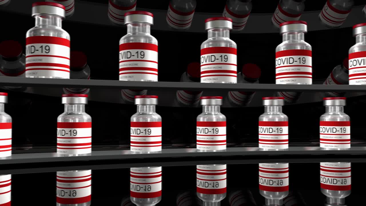 코로나19 백신의 빨간 병, sars-cov-2 백신을 담은 유리 병, 비디오 편집을 위한 3d 렌더링,