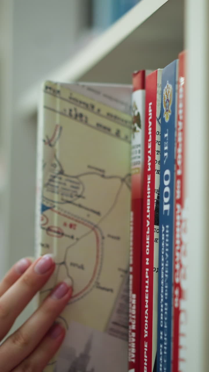vista de la mano de la dama en vestido rosa sacando un libro de un estante en una librería, luego devolviéndolo, otros libros están ordenadamente dispuestos en el estante, con el fondo de la tienda bien iluminado y ligeramente borroso