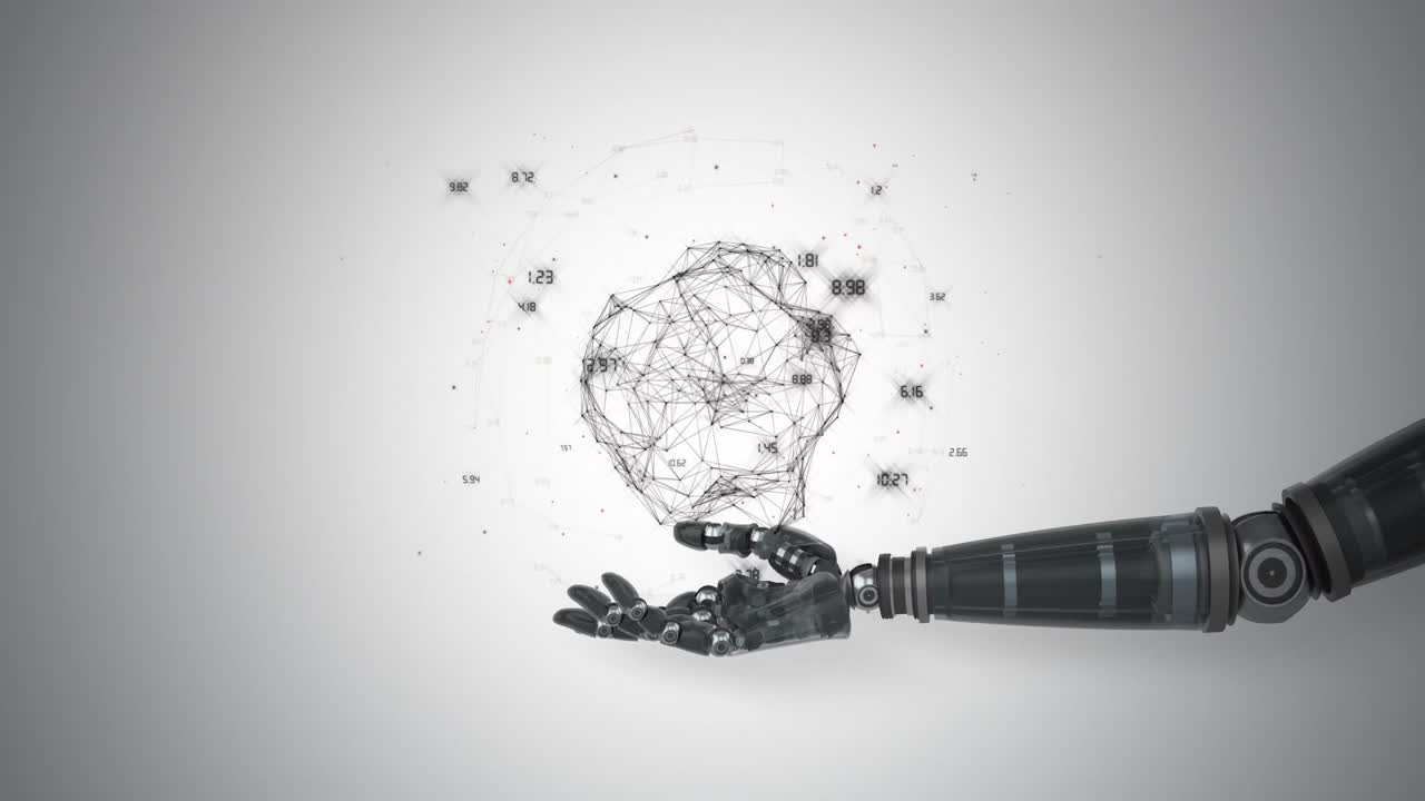 Robotic hand presenting polygon structure against white background