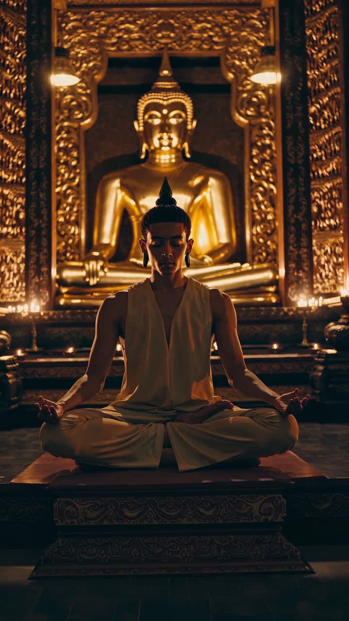 Young monk meditating in lotus position in front of a golden Buddha statue inside a beautiful ornate temple, surrounded by warm candlelight, creating a serene and spiritual atmosphere