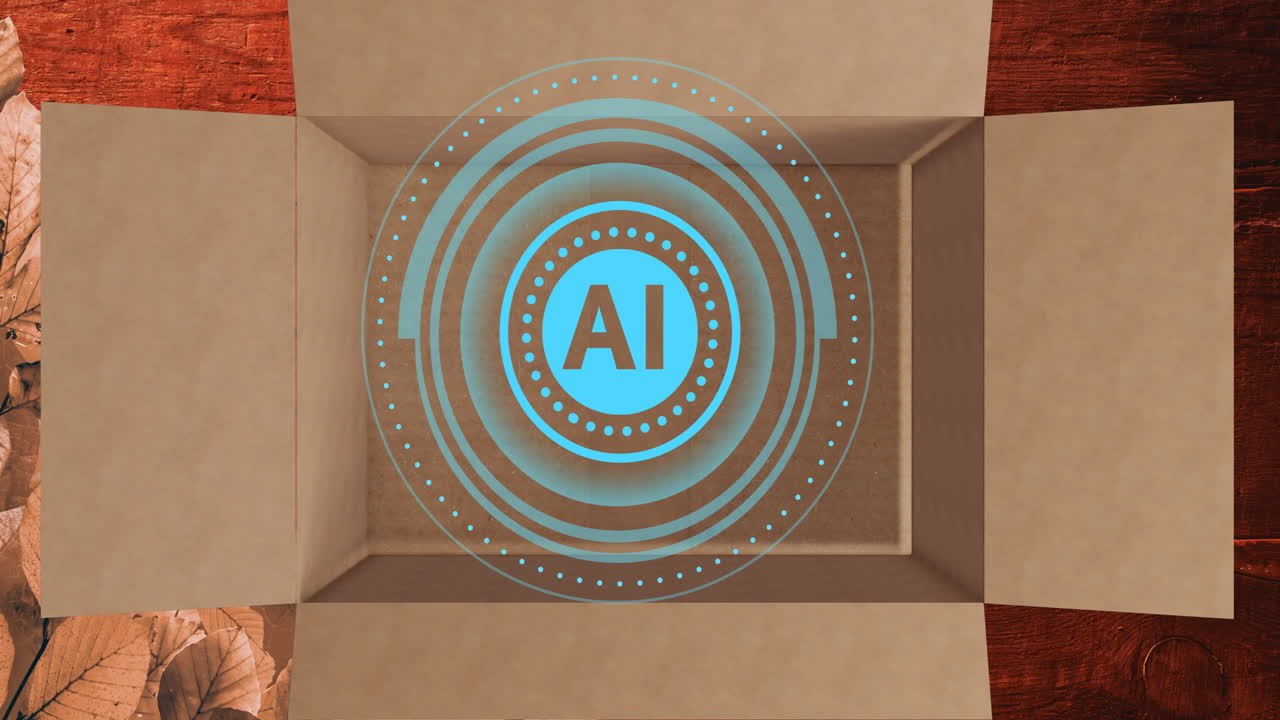 simbolo ai con cerchi concentrici blu sopra una scatola di cartone aperta