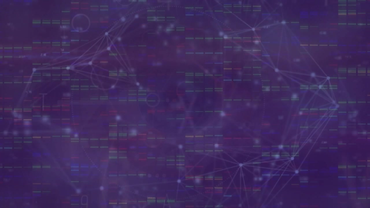 Animation of glowing network of communication over processing data on dark background