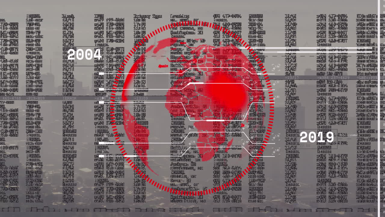 데이터 처리 및 도시 풍경의 공중 전망에 대한 회전 지구와의 인터페이스의 애니메이션