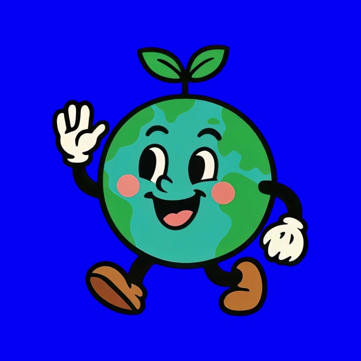 Animated Earth Character Walking and Waving on Blue Background