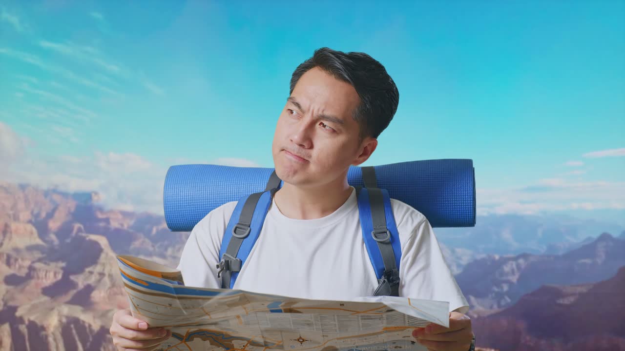 Close Up Of Asian Male Hiker With Mountaineering Backpack Looking At The Map Then Looking Around While Traveling At The Top Of Mountain