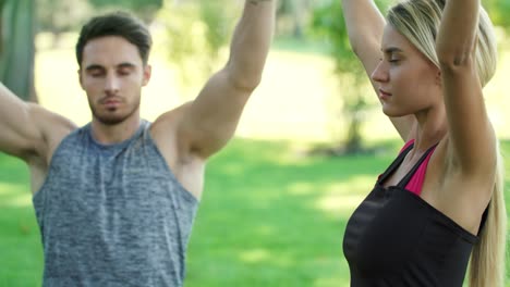 pareja deportiva entrenando oración de yoga en un entrenamiento al aire libre. hombre joven y mujer