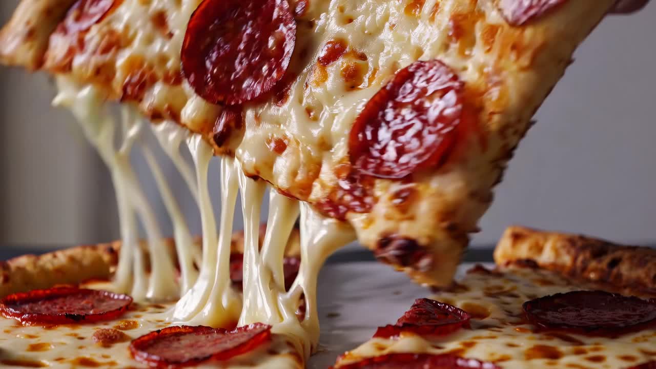 Close-up video shot of a pepperoni pizza slice being lifted, showcasing melted cheese stretch
