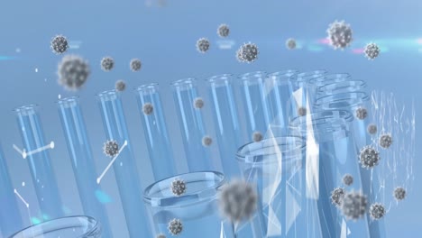 animation of covid 19 cells over and test tubes