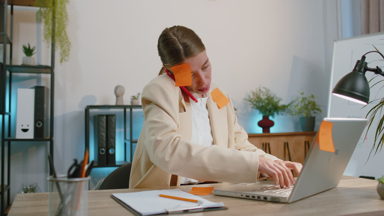 Imprenditrice stanca, triste ed esausta, lavora al laptop in ufficio con molti post-it di attività, attacco di panico.