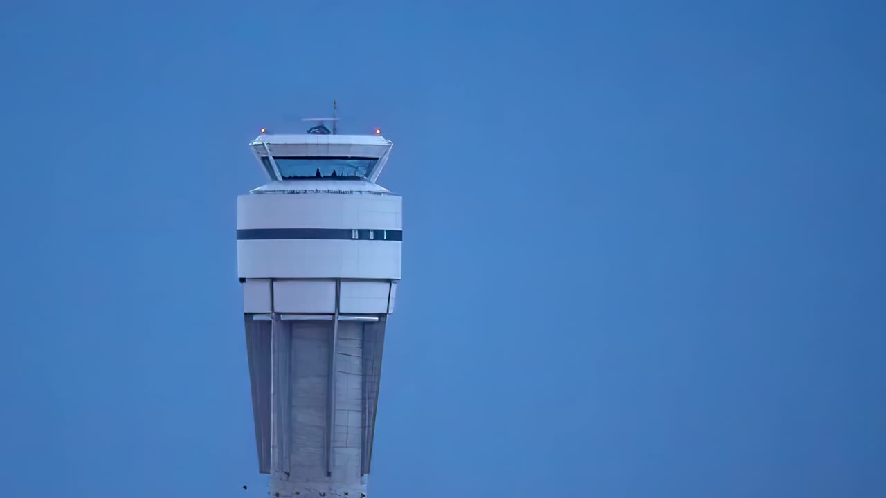 torre de control de tráfico aéreo en el aeropuerto por la noche