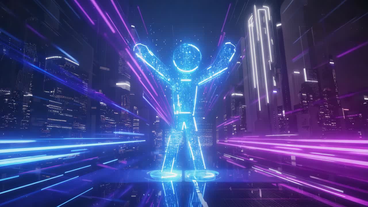 Futuristic Neon Cityscape with Human Figure