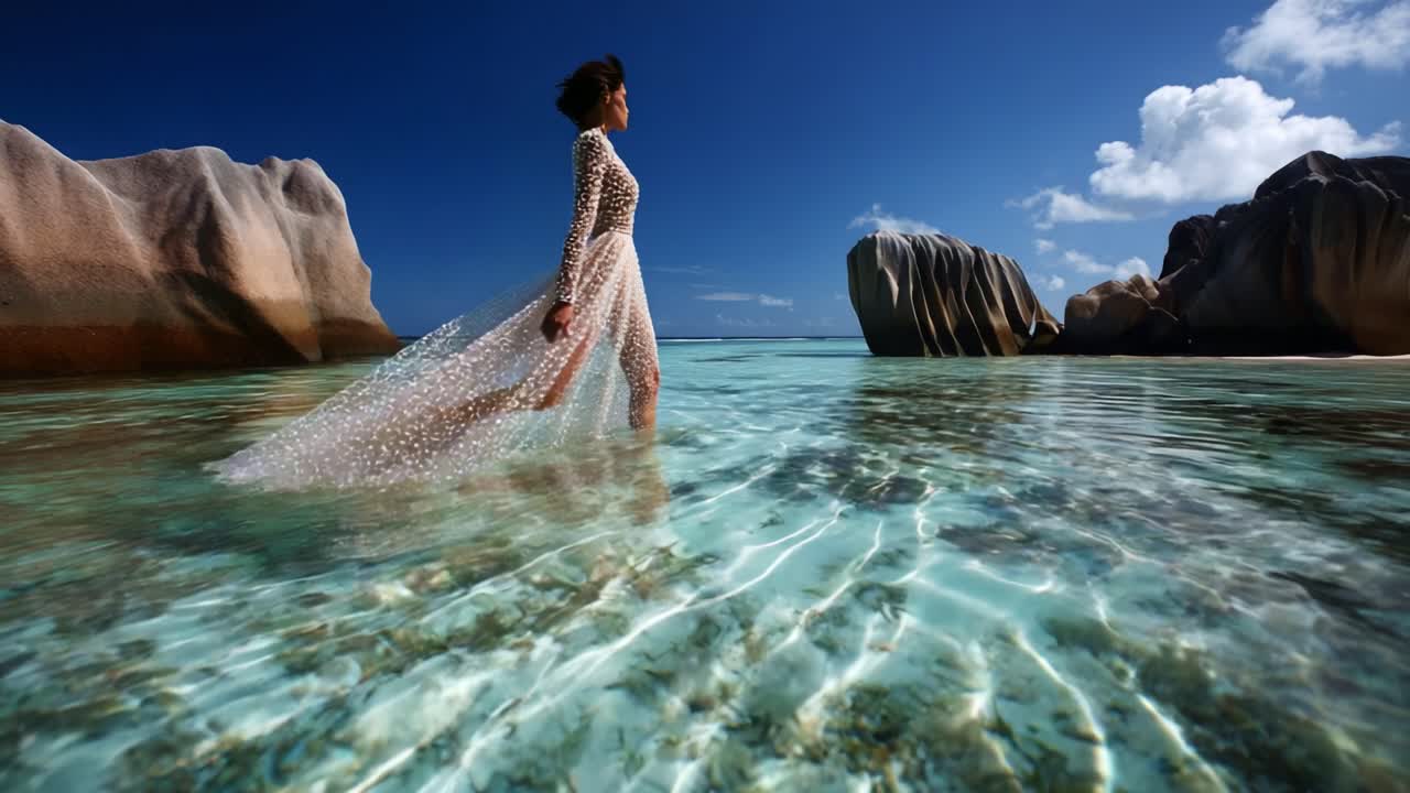 Elegant model in a stunning, sheer gown gracefully walks through crystal-clear ocean water, surrounded by magnificent rock formations and a breathtaking blue sky, embodying beauty and serenity