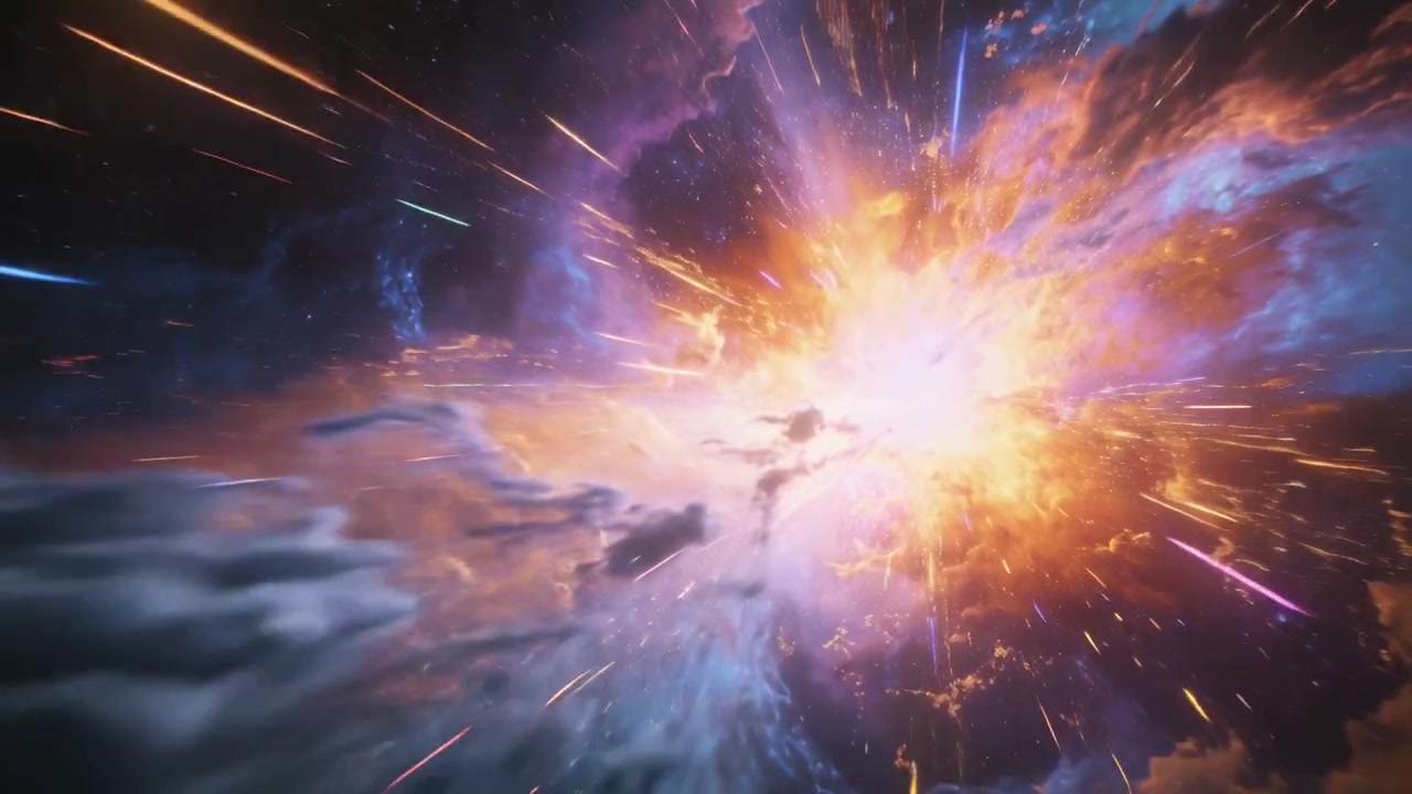 Bursting cosmic core releasing energy and expanding toward camera in nebula, emitting vivid streaks