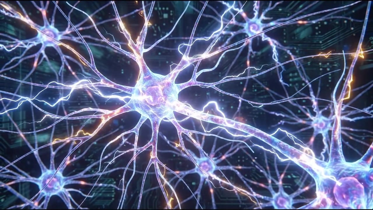 Sinapsi di rete neurale blu luminose che sprigionano energia in una silhouette di testa