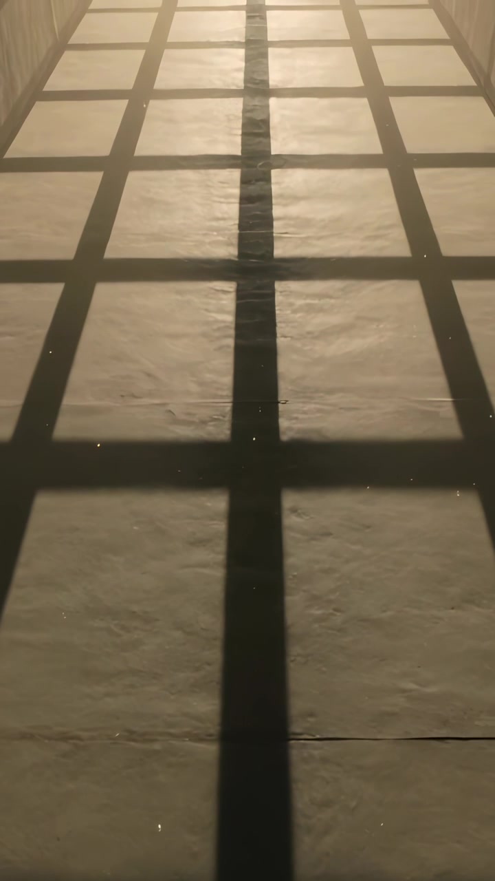 Vertical video: Pulling camera revealing grid shadow on pale hall floor, exposing opening, dust