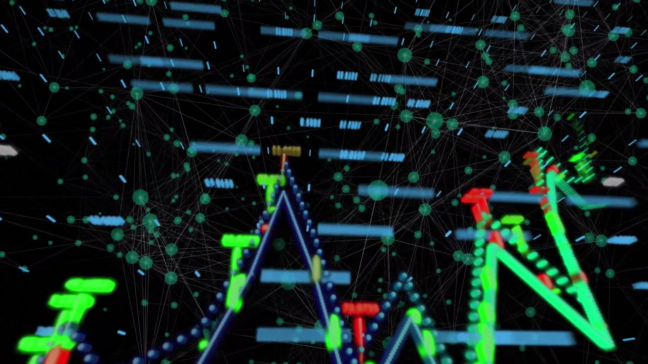 Animation of financial data processing and green glowing spots