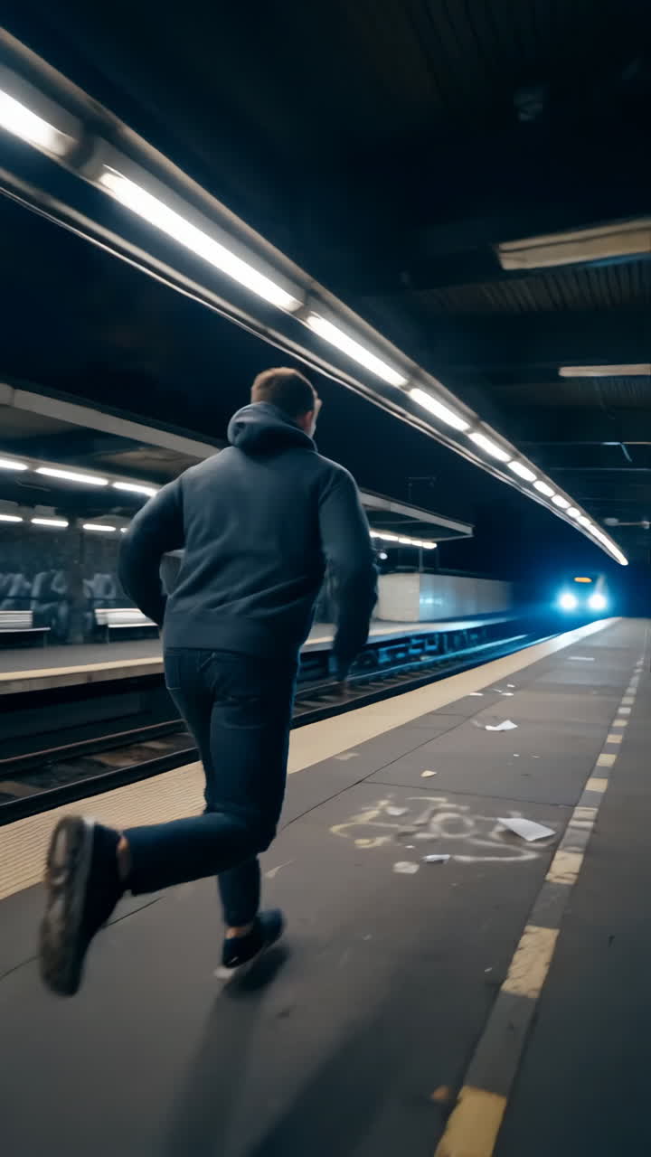 Man running on a subway platform towards an approaching train