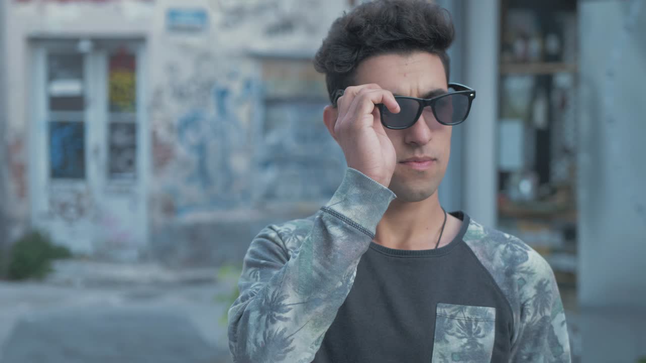 잘생긴 패션 모델이 선글라스를 착용합니다.