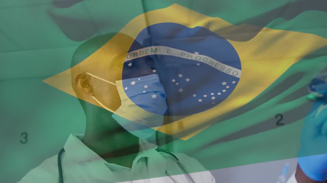 animación de la bandera de brasil ondeando sobre el médico con máscara facial y con la vacuna en la mano