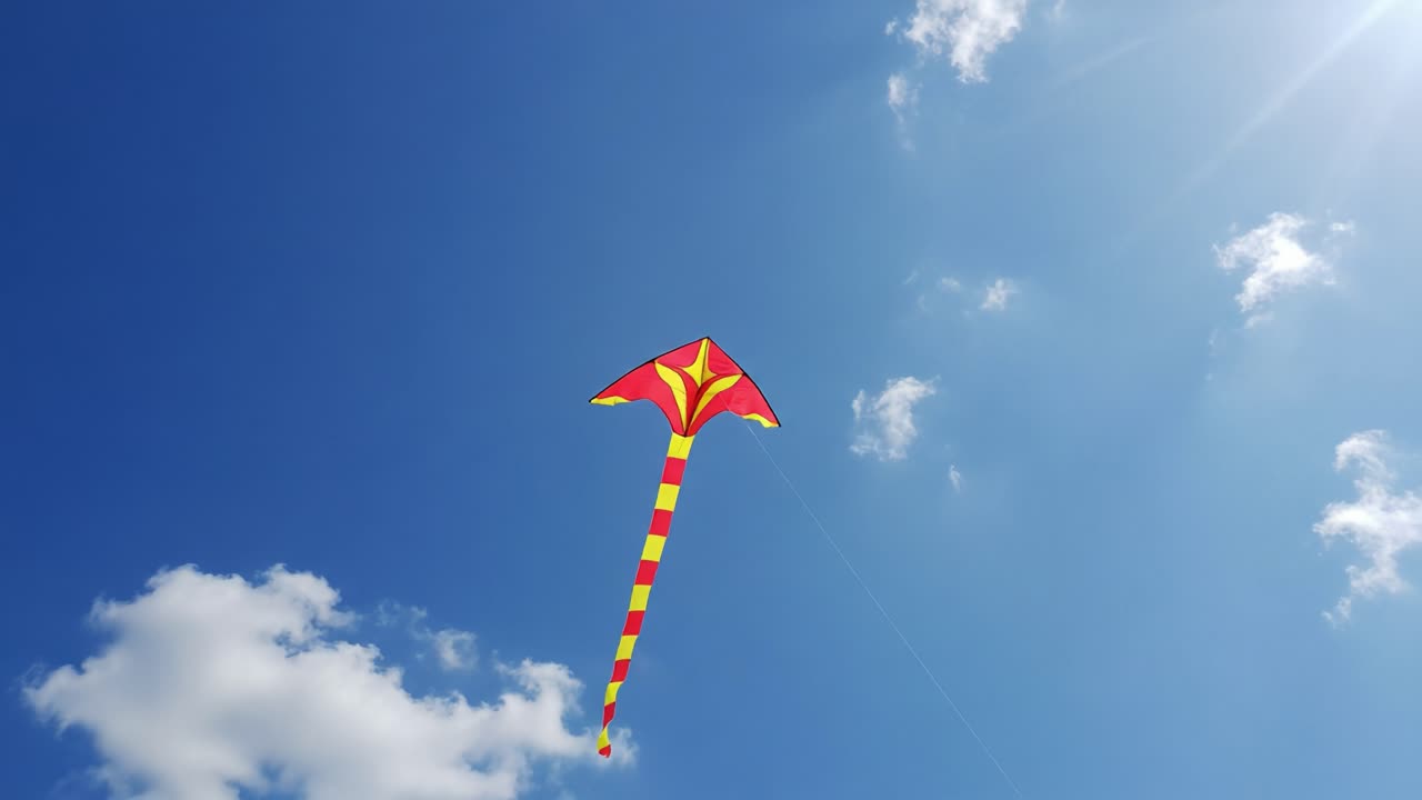 A Colorful Kite Ascending in the Bright Blue Sky, Gliding Gracefully Amidst Fluffy Clouds Beneath the Radiant Sunlight, Capturing the Joy of Outdoor Activities and Play