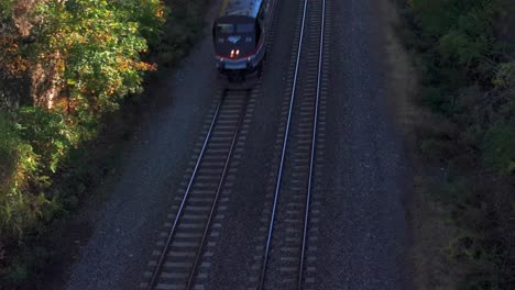 an aerial view of an amtrak train traveling in a ravine in the hudson valley on a sunny day in autumn. the camera is stationary, tilted down showing colorful trees in the sunshine and in the shadows.