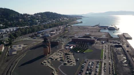 beautiful waterfront scenery by the kulshan trackside beer garden in bellingham washington -aerial shot