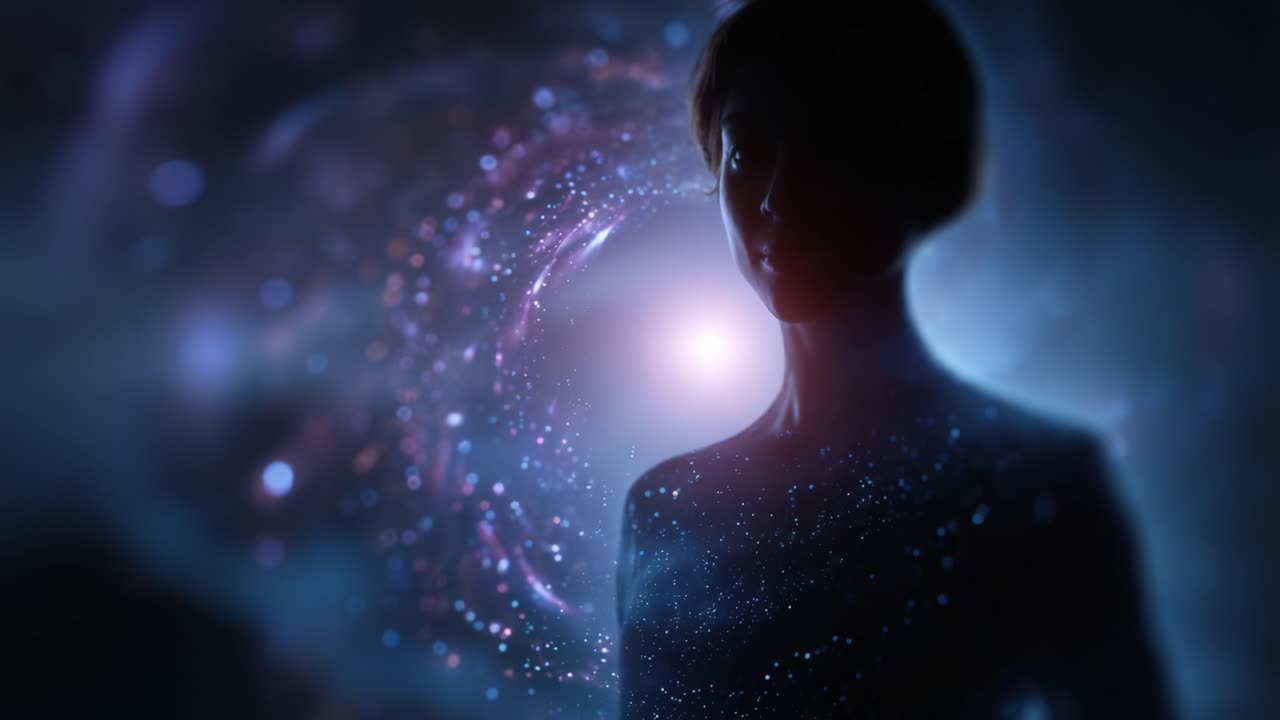 Uma exploração cósmica com uma figura em silhueta em meio a galáxias rodopiantes, evocando os mistérios do universo e a vastidão do espaço dentro da experiência humana