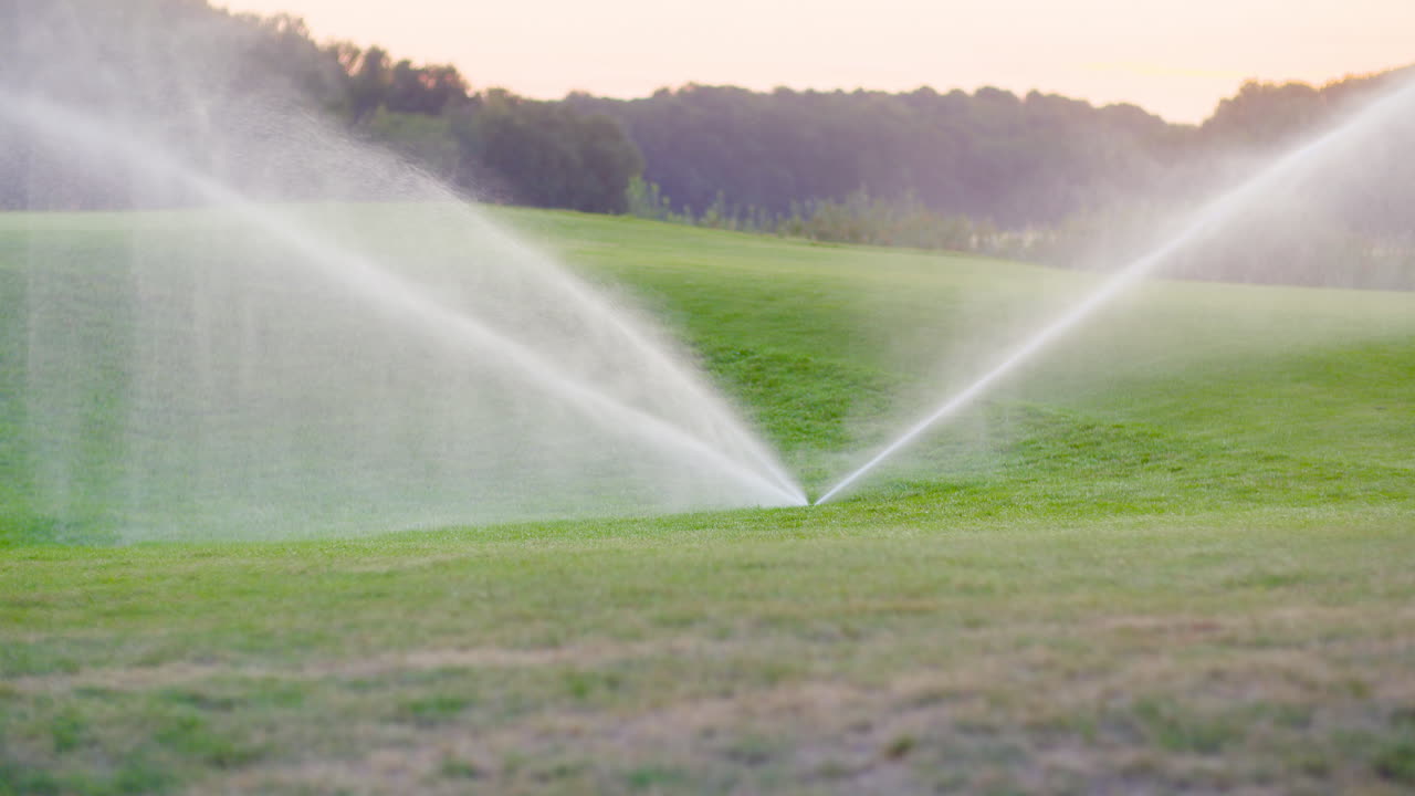 Medium Shot Of Grass Sprinkler Splashes Water Over The Lawn 1