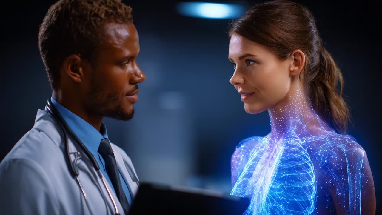 A Health Professional Engages with a Patient, Visualizing Internal Anatomy Through Advanced Technology and Holographic Projections, Emphasizing Modern Medicine's Integration with Innovative Health Solutions