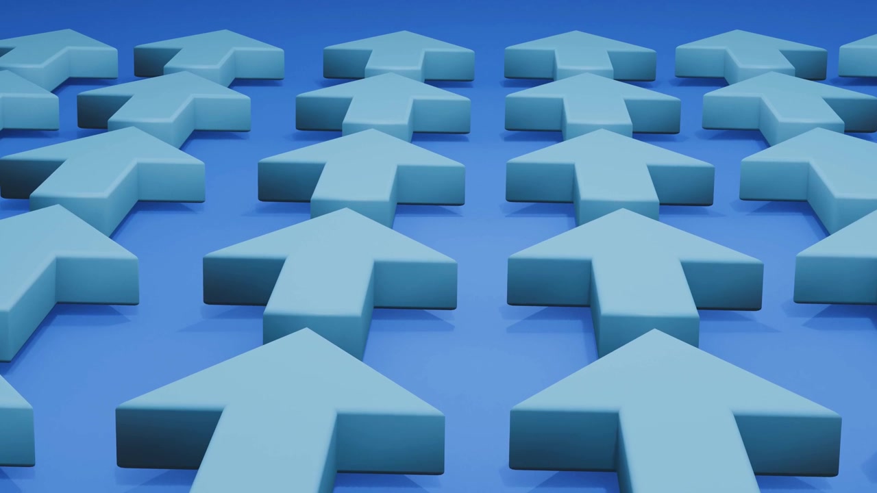 File di frecce blu su sfondo blu, animazione 3D 4K