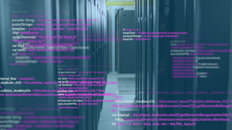 Animation of multicolored computer language over data server racks in server room